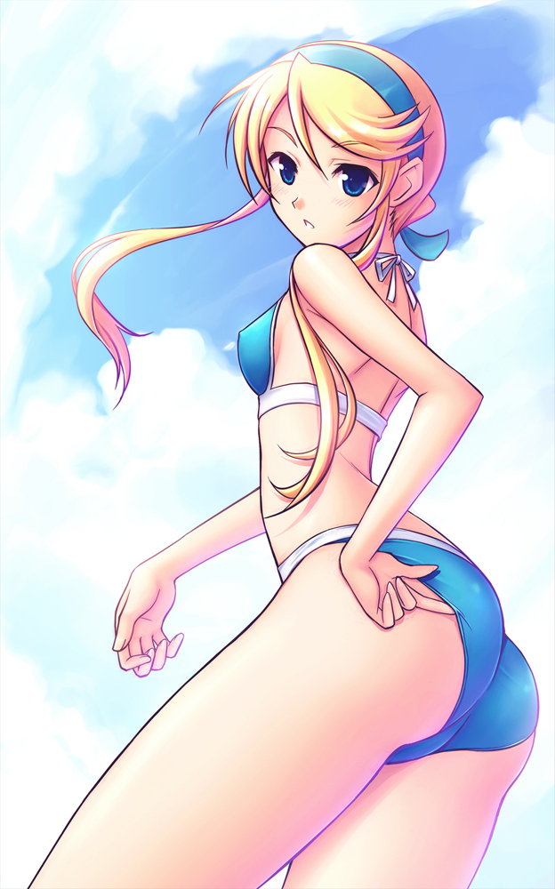 ass, bikini, blonde_hair, blue_eyes, hairband, heroman, lina_davis, michi