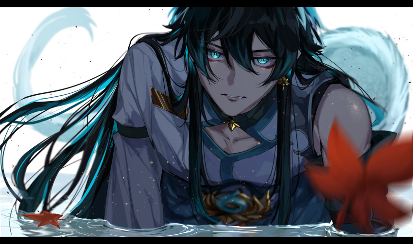 1boy, aqua_eyes, aqua_hair, black_hair, chinese_clothes, colored_inner_hair, dan_heng_(honkai:_star_rail), dan_heng_(imbibitor_lunae)_(honkai:_star_rail)