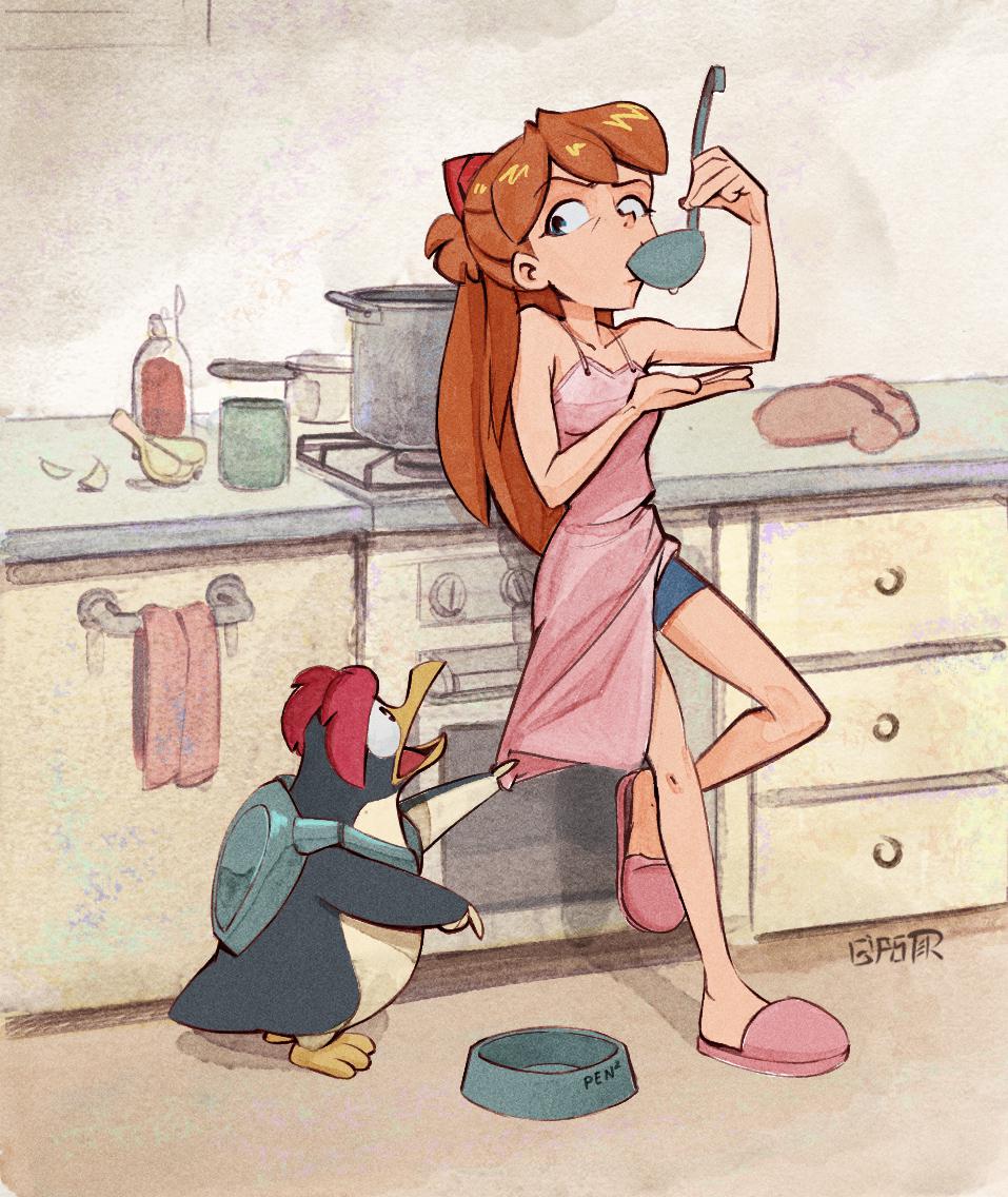 1girl, artist_name, bird, blue_eyes, cooking_pot, english_commentary, food, garlic