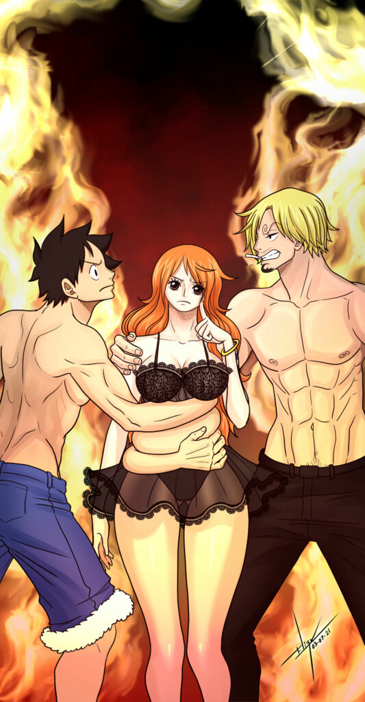 1girl, 2boys, abs, asymmetrical_bangs, black_eyes, black_hair, black_pants, blonde_hair, bracelet, cigarette, closed_mouth, curly_eyebrows, elasticity, elizagm, facial_hair, fire, from_side, goatee, jealous, jewelry, long_hair, looking_at_another, looking_at_viewer, midriff, monkey_d._luffy, multiple_boys, nami_(one_piece), one_piece, orange_hair, pants, parted_bangs, sanji_(one_piece), short_hair, signature, teeth, topless, topless_male