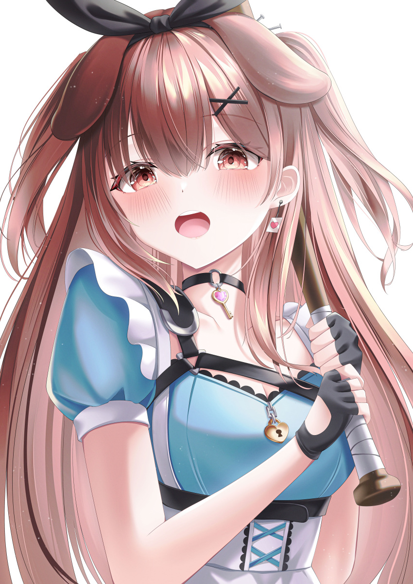 1girl, absurdres, animal_ears, apron, baseball_bat, black_choker, black_gloves, blue_dress