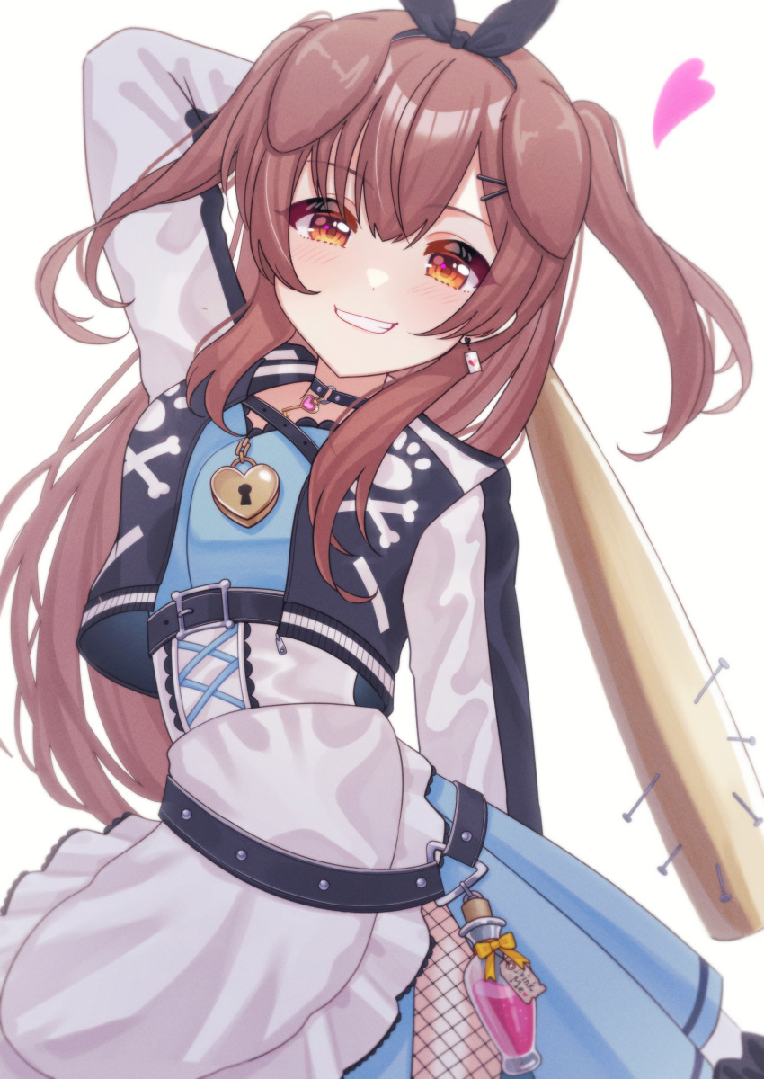 1girl, absurdres, animal_ears, apron, baseball_bat, black_choker, black_hairband, black_jacket