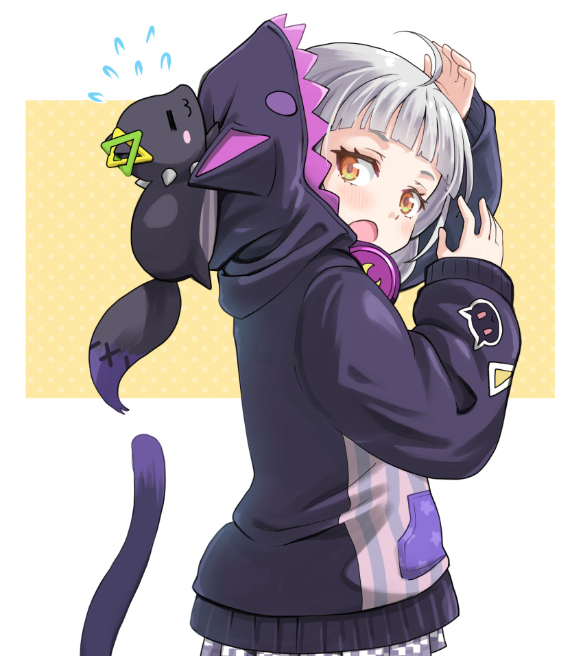 1girl, ahoge, animal_hood, blunt_bangs, blush, cat_hood, cat_tail, grey_hair, haniwa_(leaf_garden), headphones, headphones_around_neck, highres, hololive, hood, long_hair, looking_at_viewer, looking_back, murasaki_shion, murasaki_shion_(7th_costume), open_mouth, purple_hood, shiokko_(murasaki_shion), sidelocks, tail, virtual_youtuber