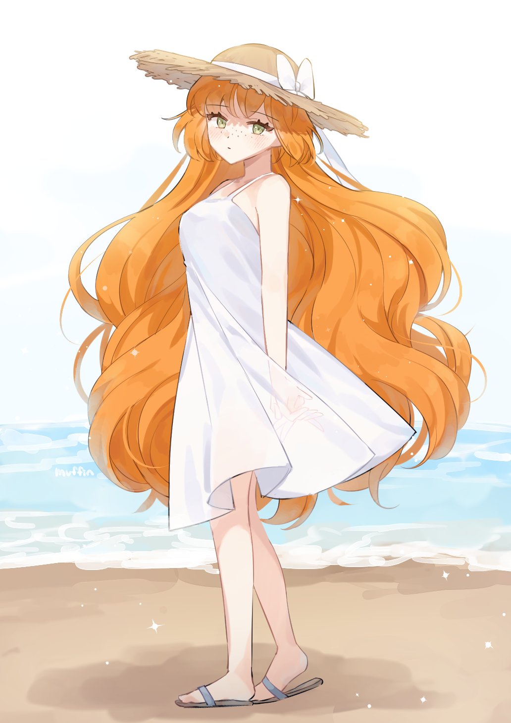 1girl, beach, bow, closed_mouth, dress, freckles, full_body, green_eyes, hat, hat_bow, highres, ishmael_(limbus_company), limbus_company, long_hair, looking_at_viewer, love_mintchoco, orange_hair, project_moon, sand, sandals, sleeveless, sleeveless_dress, solo, straw_hat, sundress, very_long_hair, water, white_bow, white_dress