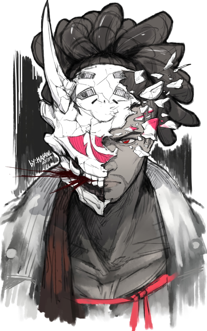1boy, absurdres, artist_name, beard, black_hair, blood, dark-skinned_male, dark_skin