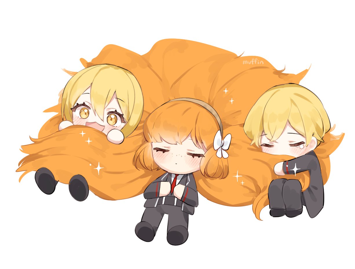 1boy, 2girls, :3, black_coat, black_jacket, black_pants, black_vest, blonde_hair