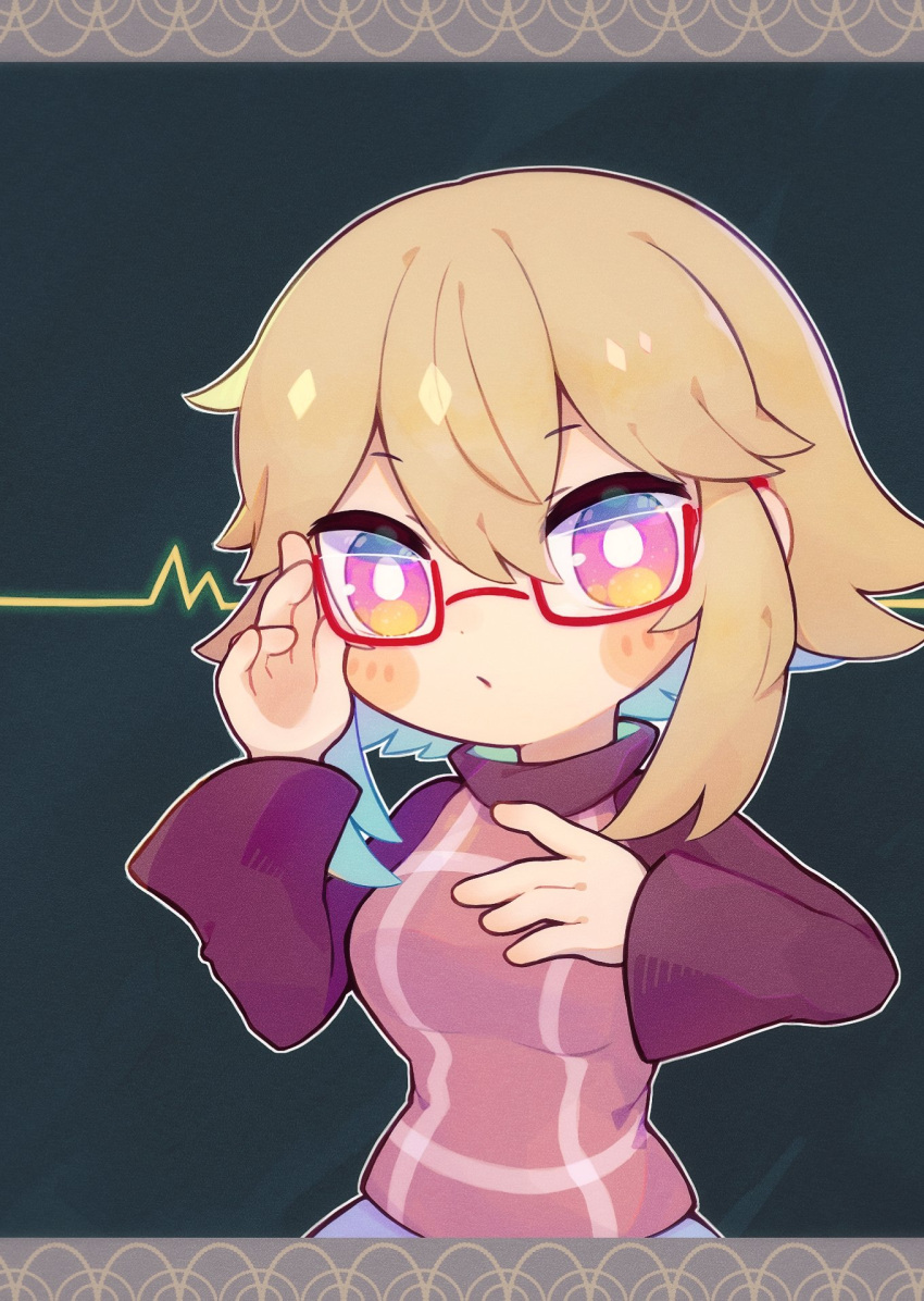 1girl, :/, adjusting_eyewear, bespectacled, blue_hair, blush_stickers, breasts, bright_pupils