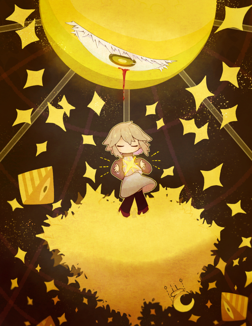 1girl, black_thighhighs, blood, blood_from_eyes, brown_footwear, brown_sweater, closed_eyes, colored_inner_hair