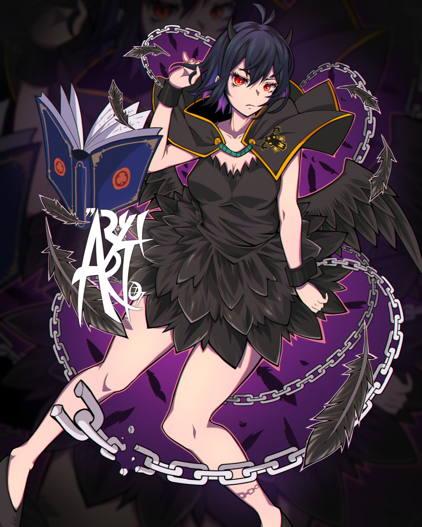 1girl, absurdres, antenna_hair, artist_logo, aryi077, black_bulls_(emblem), black_capelet, black_clover, black_dress, black_feathers, black_footwear, black_hair, black_horns, bob_cut, book, broken, broken_chain, capelet, chain, closed_mouth, cuffs, dress, feathers, grimoire, handcuffs, highres, horns, legs, looking_at_viewer, red_eyes, secre_swallowtail, short_hair, solo