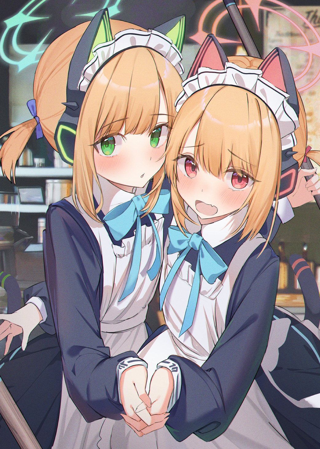 2girls, animal_ear_headphones, animal_ears, apron, aqua_ribbon, black_dress, blonde_hair, blue_archive