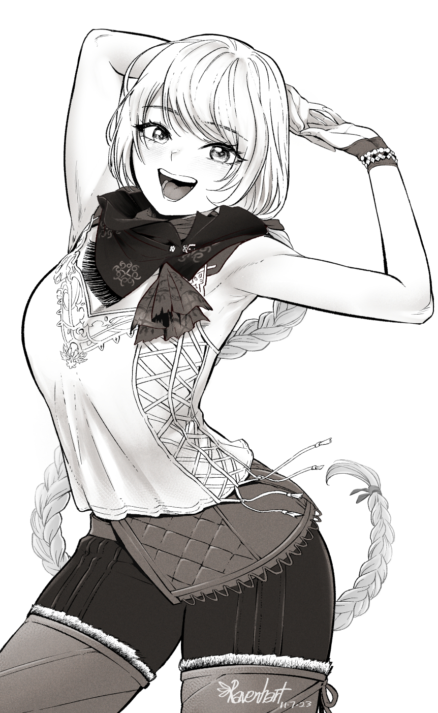 1girl, armpits, bare_shoulders, blonde_hair, braid, character_hair_ornament, cropped_legs, final_fantasy