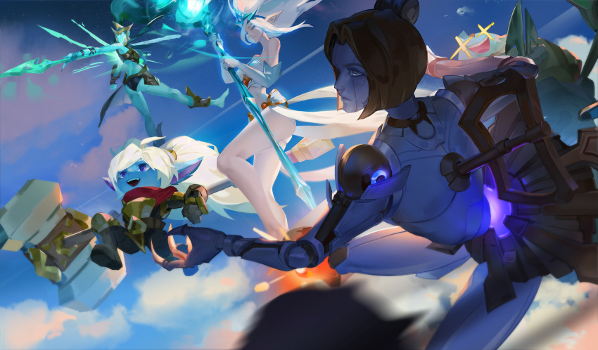 1boy, 4girls, ass, bare_shoulders, barefoot, blonde_hair, blue_sky, closed_mouth