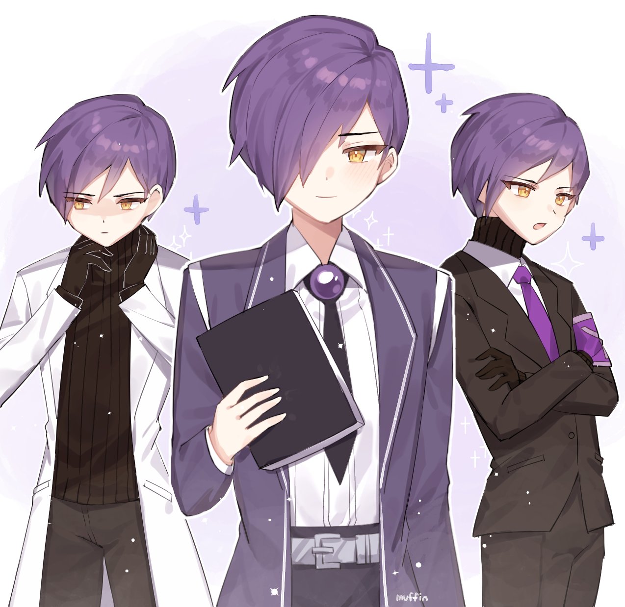 3boys, black_gloves, black_jacket, black_pants, black_sweater, book, closed_mouth, coat