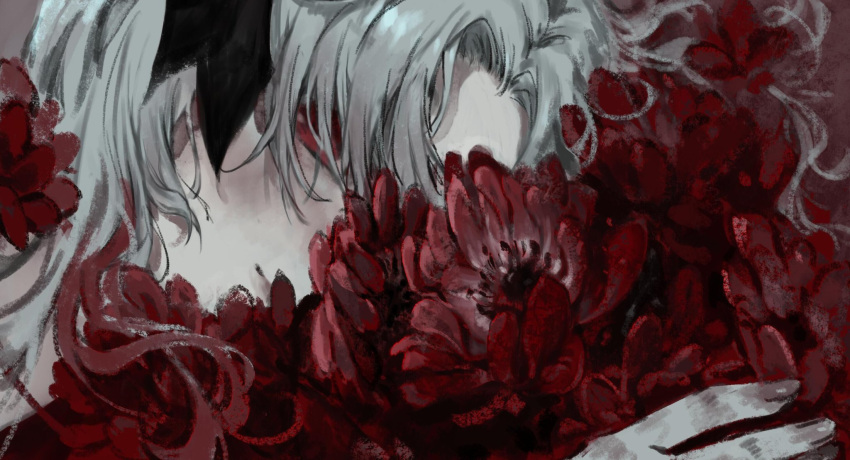 1girl, black_ribbon, blush, closed_mouth, commentary, flower, flower_focus, flower_request, grey_hair, gui_mu_(syndrome1002), hair_over_one_eye, hair_ribbon, hand_up, highres, isekai_joucho, kamitsubaki_studio, light_smile, long_hair, looking_at_viewer, lying, on_side, one_eye_covered, parted_bangs, portrait, red_eyes, red_flower, ribbon, solo, virtual_youtuber
