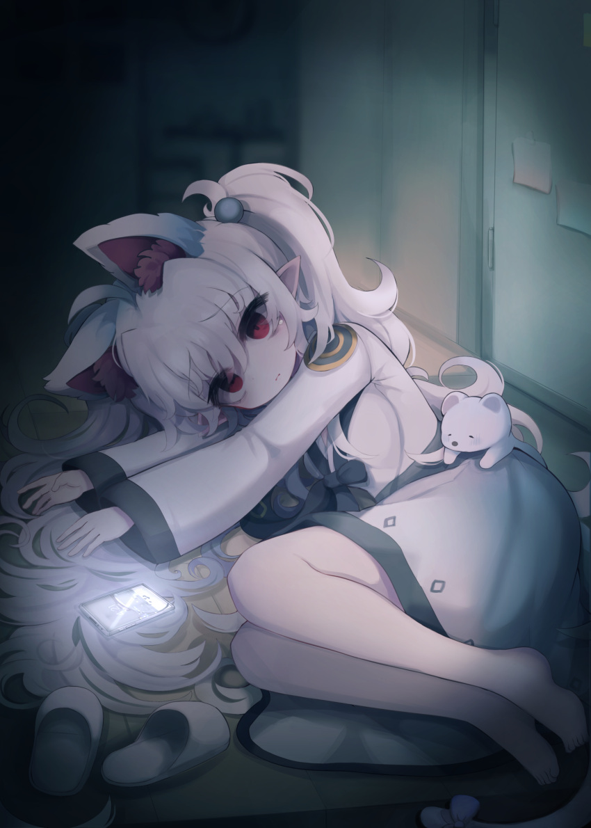 absurdres, ahoge, animal_ear_fluff, animal_ears, bags_under_eyes, barefoot, blue_bow, blurry