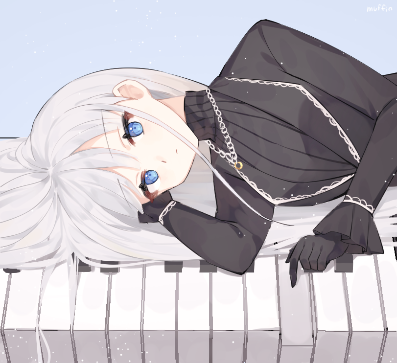 1girl, angelica_(library_of_ruina), black_gloves, black_jacket, black_sweater, blue_background, closed_mouth, frilled_sleeves