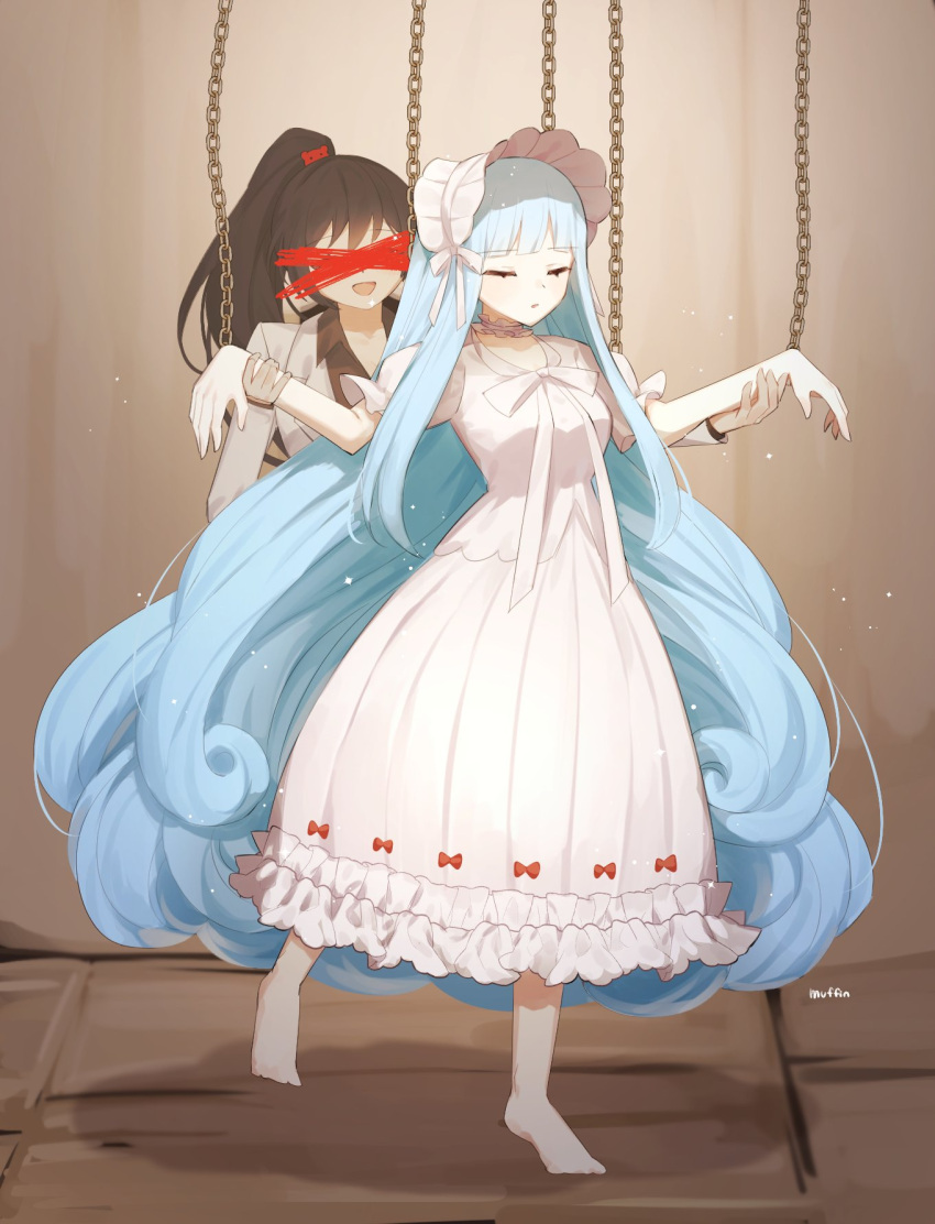 2girls, angela_(project_moon), barefoot, bear_hair_ornament, blue_hair, bonnet, brown_hair, carmen_(project_moon), censored, chain, choker, closed_eyes, coat, collared_shirt, dress, e.g.o_(project_moon), frilled_dress, frills, hair_ornament, highres, holding_another's_arm, identity_censor, library_of_ruina, long_hair, long_sleeves, love_mintchoco, multiple_girls, parted_lips, pinocchio_(library_of_ruina), project_moon, puffy_short_sleeves, puffy_sleeves, shirt, short_sleeves, sidelocks, very_long_hair, white_choker, white_coat, white_dress