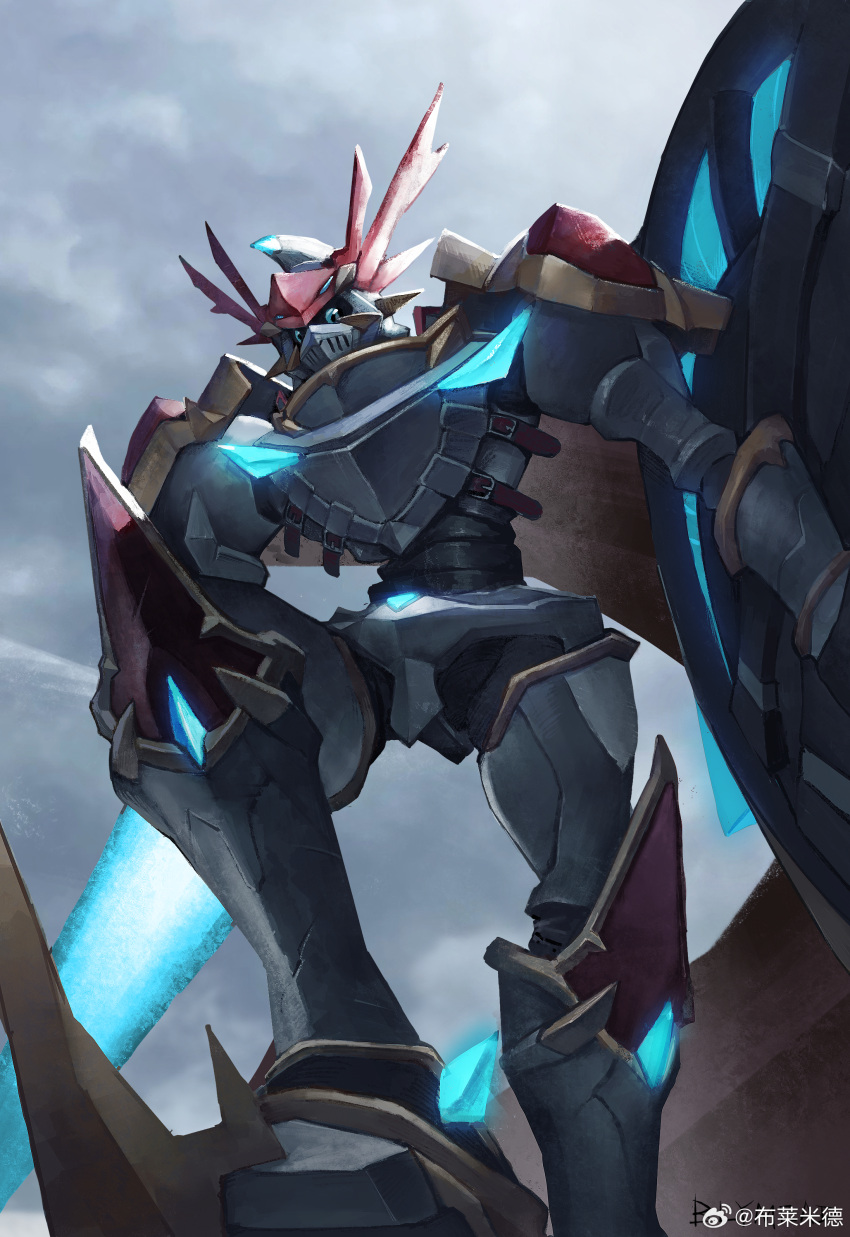 absurdres, arm_shield, armor, blue_eyes, bly_mead, cape, chinese_commentary, commentary_request
