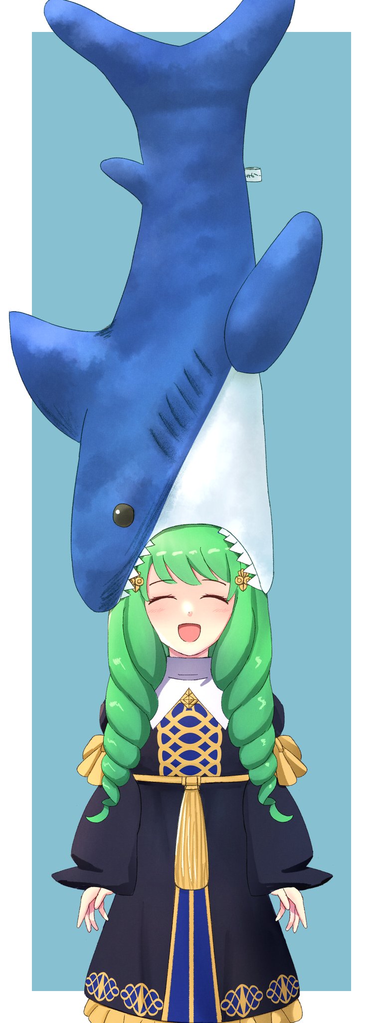 1girl, closed_eyes, drill_hair, fire_emblem, fire_emblem:_three_houses, flayn_(fire_emblem), garreg_mach_monastery_uniform, green_hair, hair_ornament, hairclip, highres, mgnk33, open_mouth, shark_hair_ornament, solo, swept_bangs, upper_body