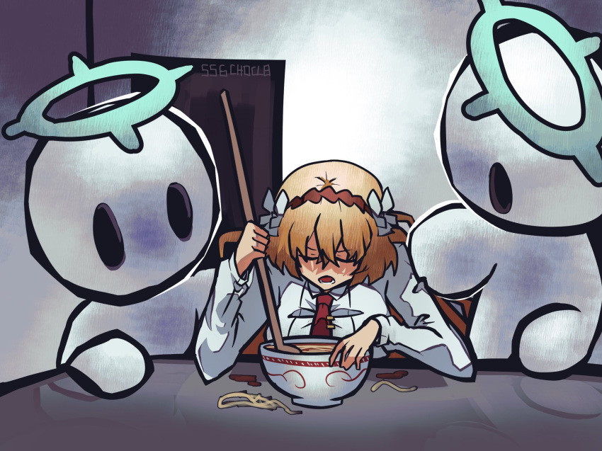 1girl, 2others, artist_name, blank_room_soup, bow, bowl, brown_hairband, closed_eyes