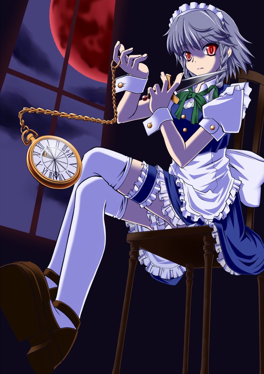 crossed_legs, highres, izayoi_sakuya, juuya_(kisaragi18), kisaragi18, maid, maid_headdress, moon