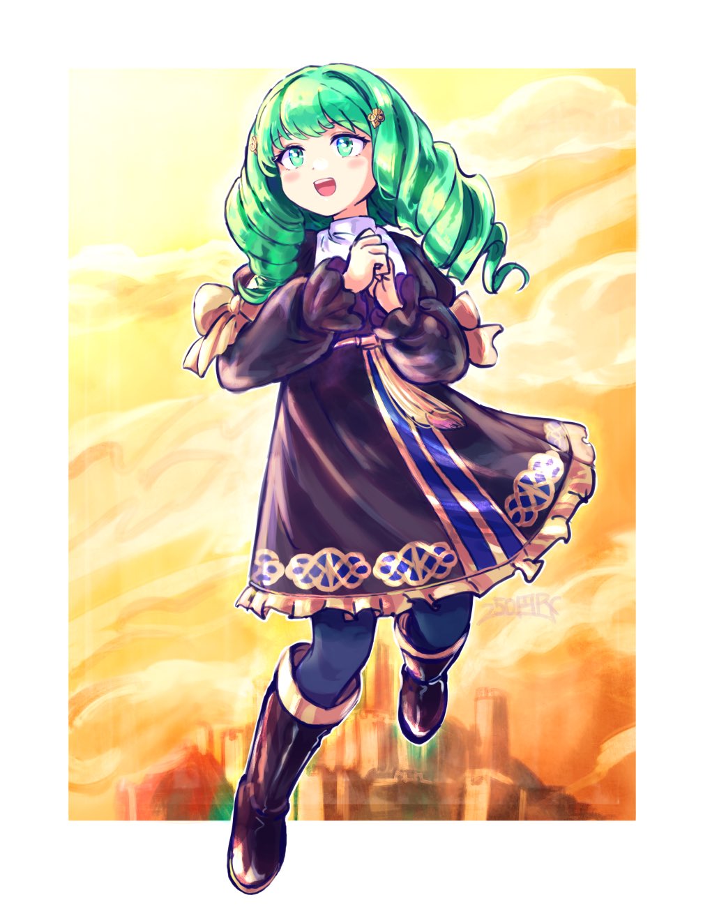 1girl, 250en_remon, black_footwear, boots, drill_hair, fire_emblem, fire_emblem:_three_houses, flayn_(fire_emblem), full_body, garreg_mach_monastery_uniform, green_eyes, green_hair, hair_ornament, hairclip, highres, long_hair, own_hands_together, pantyhose, solo, swept_bangs, twin_drills
