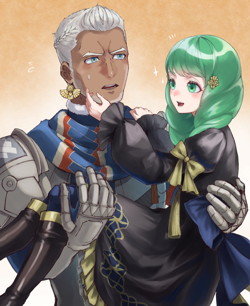 1girl, blue_eyes, boots, carrying, couple, dark-skinned_male, dark_skin, dedue_molinaro