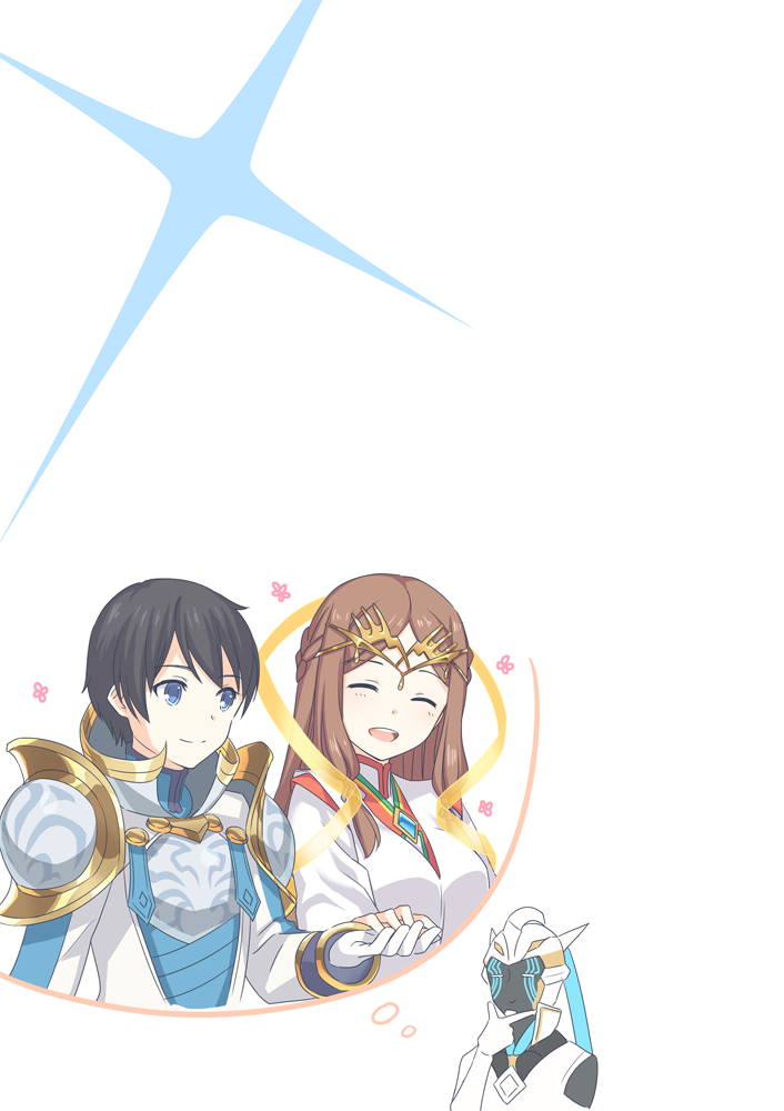 1boy, 1girl, 1other, aegaeon_(xenoblade), android, armor, black_hair, blue_eyes
