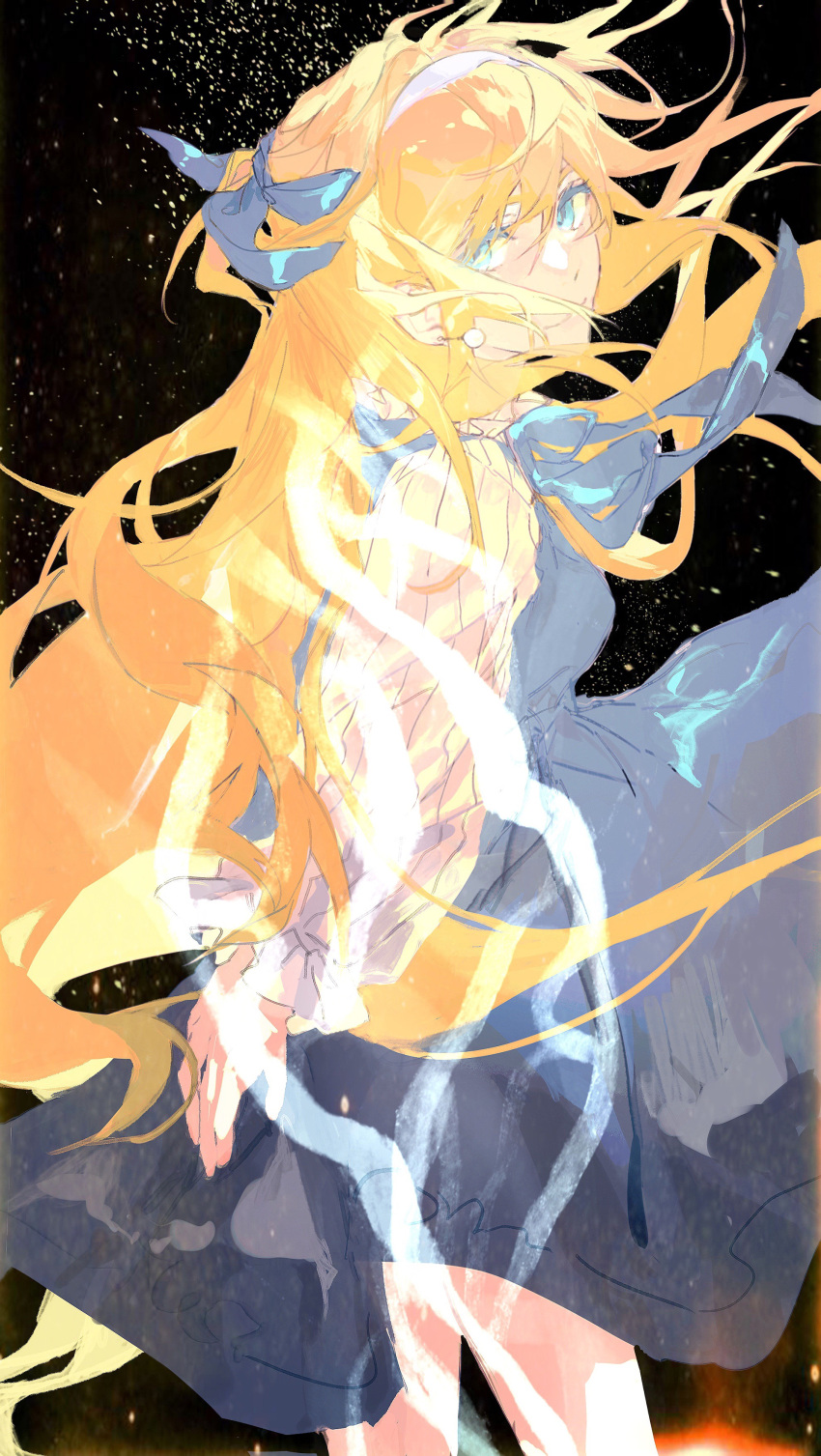 1girl, abstract_background, absurdres, aurore_lee, bare_legs, blonde_hair, blue_dress, blue_eyes
