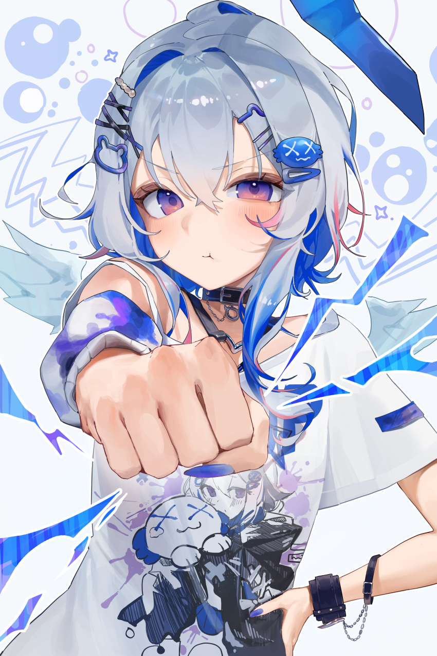 1girl, absurdres, amane_kanata, angel, angel_wings, blue_nails, choker, clenched_hand, colored_inner_hair, fingernails, hair_ornament, hairclip, hairpin, highres, hololive, long_fingernails, looking_at_viewer, multicolored_hair, nail_polish, single_hair_intake, upao_(amane_kanata), virtual_youtuber, wings, wodnjs6712, x_hair_ornament