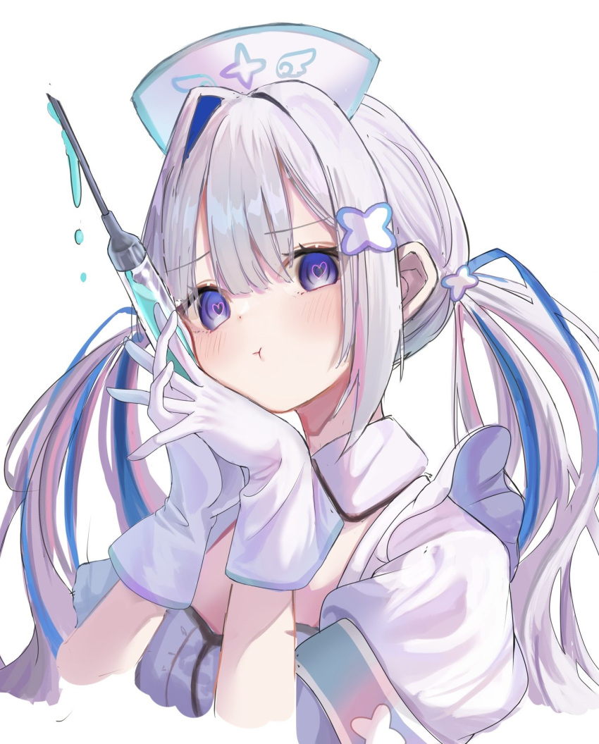 1girl, :t, amane_kanata, amane_kanata_(4th_costume), blue_hair, blush, commentary_request, frills, gloves, grey_hair, hat, heart, heart_in_eye, highres, holding, holding_syringe, hololive, long_hair, looking_at_viewer, multicolored_hair, nurse, nurse_cap, official_alternate_hair_length, official_alternate_hairstyle, own_hands_together, pout, short_sleeves, simple_background, single_hair_intake, solo, streaked_hair, symbol_in_eye, syringe, tefu_ekaki, twintails, upper_body, violet_eyes, virtual_youtuber, white_background, white_gloves