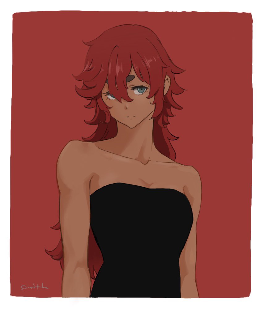 0321smith, 1girl, black_dress, closed_mouth, collarbone, commentary, dark-skinned_female, dark_skin, dress, green_eyes, gundam, gundam_suisei_no_majo, long_hair, looking_at_viewer, red_background, redhead, signature, simple_background, solo, strapless, strapless_dress, suletta_mercury, thick_eyebrows, upper_body