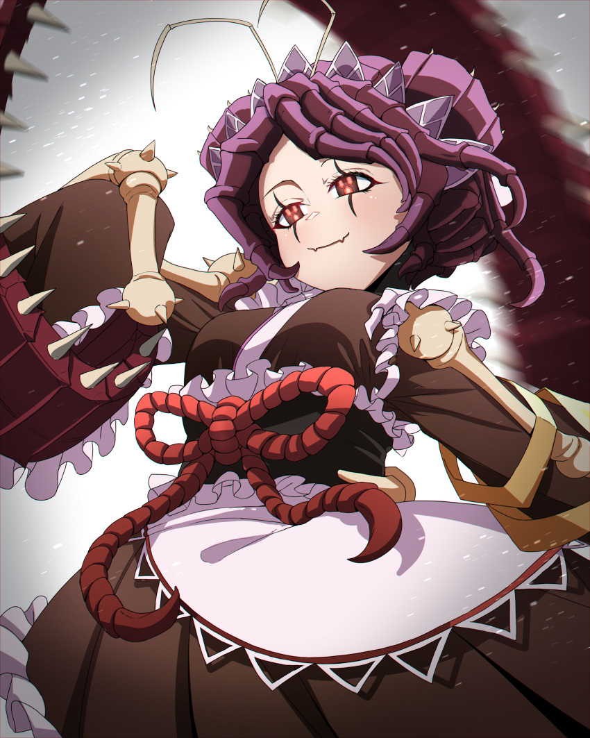 1girl, absurdres, antennae, apron, arthropod_girl, bad_id, bad_pixiv_id, blush