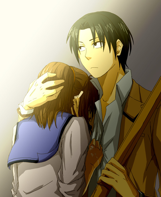 1girl, angel_beats!, comforting, couple, fujimaki, fujimaki_(angel_beats!), hand_on_head, hisako, hisako_(angel_beats!), hug, school_uniform, sleeves_rolled_up, tears, uma_(artist), uma_(hachi878)