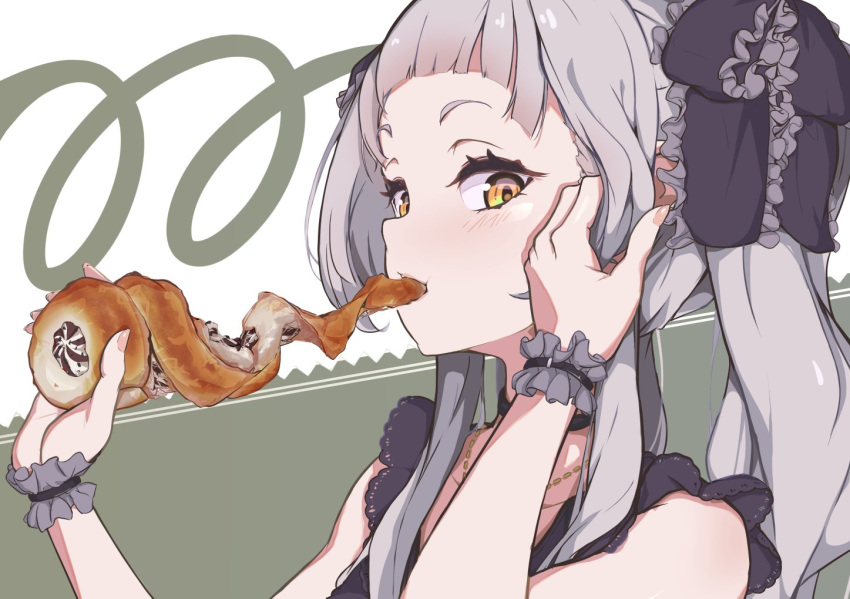 1girl, alternate_costume, arched_bangs, black_choker, black_dress, blush, chocolate_cornet, choker, commentary, dress, eating, food, frilled_shirt_collar, frills, grey_hair, hair_tucking, harapeko_zombie_inu, hololive, jewelry, long_hair, looking_at_viewer, murasaki_shion, necklace, official_alternate_hairstyle, sidelocks, sideways_glance, solo, symbol-only_commentary, twintails, upper_body, virtual_youtuber, wrist_cuffs, yellow_eyes