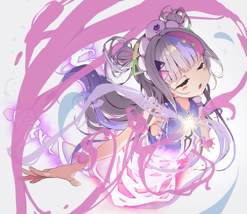 1girl, absurdres, bare_arms, blue_skirt, blunt_bangs, blush_stickers, closed_eyes, double_bun