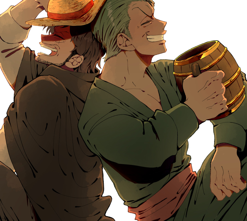 2boys, absurdres, aged_up, back-to-back, beer_mug, black_cape, black_hair, cape, closed_eyes, cup, facial_hair, green_eyes, hair_slicked_back, hand_on_headwear, hat, highres, holding, monkey_d._luffy, mug, multiple_boys, one_piece, parupurin, roronoa_zoro, scar, scar_on_cheek, scar_on_face, short_hair, simple_background, sitting, smile, straw_hat, teeth, white_background