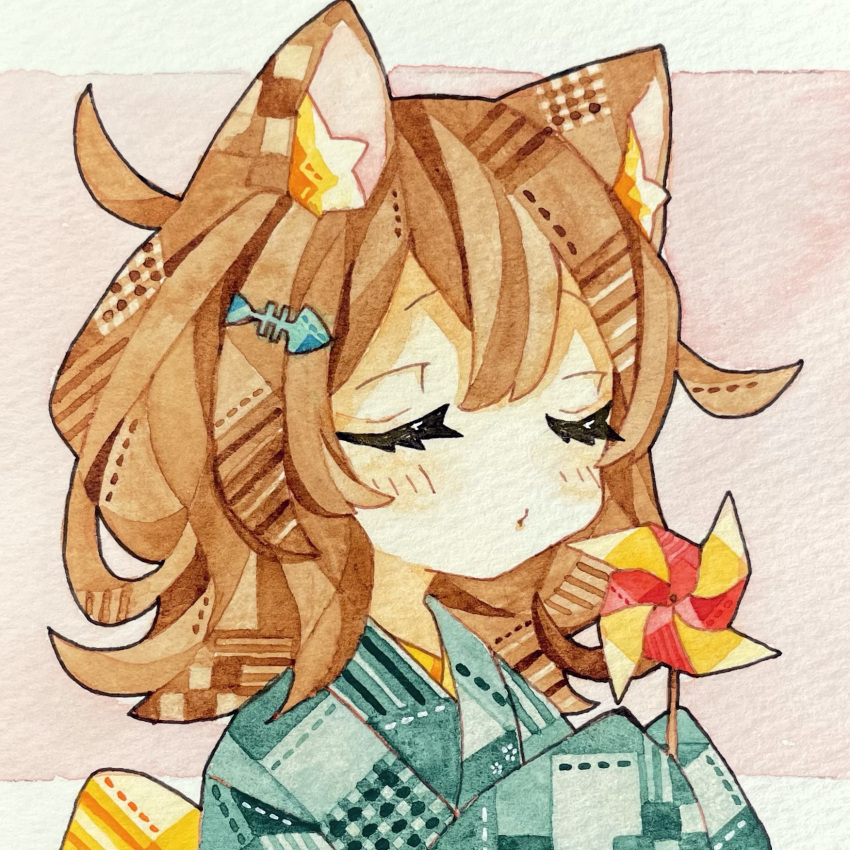 1girl, animal_ear_fluff, animal_ears, aqua_kimono, brown_hair, cat_ears, cat_girl, closed_eyes