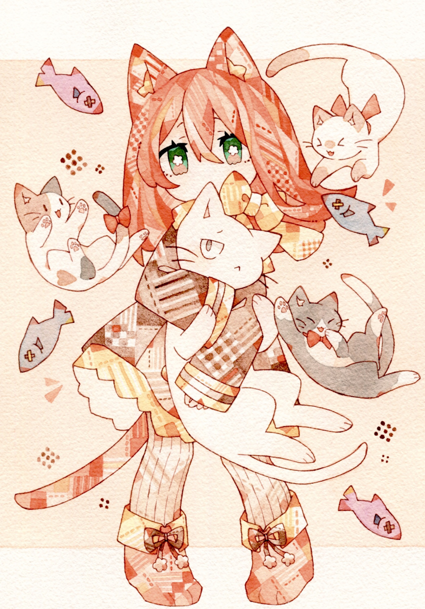1girl, absurdres, animal, animal_ear_fluff, animal_ears, animal_hug, black_cat, bow, bowtie, bright_pupils, brown_background, brown_dress, brown_ribbon, calico, cat, cat_day, cat_ears, cat_girl, cat_tail, commentary_request, covered_mouth, dress, fish, flower-shaped_pupils, footwear_ribbon, full_body, green_eyes, hair_between_eyes, highres, holding, holding_animal, holding_cat, letterboxed, long_sleeves, lupin_strawberry, medium_hair, no_nose, orange_footwear, orange_hair, orange_tail, original, outside_border, painting_(medium), paper_texture, patterned_clothing, patterned_hair, pigeon-toed, pom_pom_(clothes), red_bow, red_bowtie, ribbed_thighhighs, ribbon, shoes, sleeves_past_wrists, solo, standing, symbol-shaped_pupils, tail, tail_bow, tail_ornament, thigh-highs, traditional_media, watercolor_(medium), white_cat, white_pupils, white_thighhighs