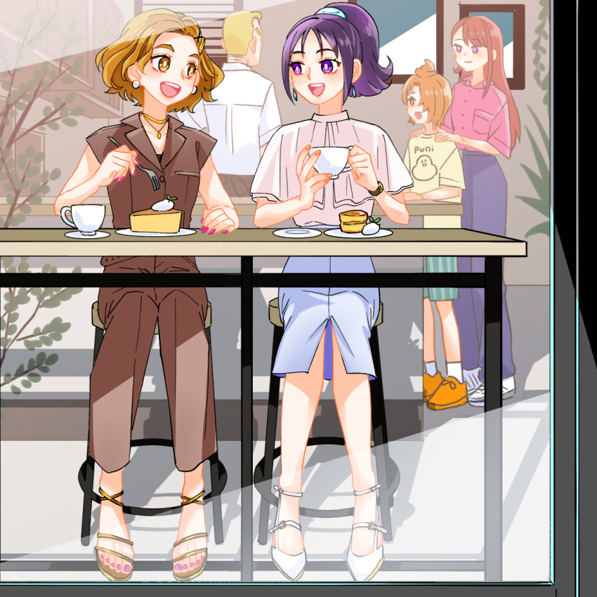 2boys, 3girls, asymmetrical_bangs, blonde_hair, blue_pants, blue_skirt, bright_pupils, brown_eyes, brown_hair, brown_pants, brown_shirt, bunbee_(yes!_precure_5), casual, closed_mouth, clothes_writing, commentary, cup, earrings, food, fork, futari_wa_precure_splash_star, green_shorts, hair_ornament, hair_over_one_eye, hair_tie, hairclip, hands_on_another's_shoulders, high-waist_pants, hijiri_ageha, hirogaru_sky!_precure, holding, holding_cup, holding_fork, hyuuga_saki, indoors, jewelry, kibou_no_chikara_~otona_precure_'23~, long_hair, looking_at_another, medium_hair, medium_skirt, mishou_mai, monster_rally, multiple_boys, multiple_girls, nail_polish, necklace, open_mouth, orange_eyes, orange_hair, pants, pencil_skirt, pie, pink_shirt, ponytail, precure, print_shirt, purple_hair, purple_nails, romaji_text, sandals, saucer, series_connection, shirt, short_hair, short_sleeves, shorts, sitting, skirt, sleeveless, sleeveless_shirt, smile, standing, stool, striped, striped_shorts, t-shirt, teacup, toenail_polish, toenails, vertical-striped_shorts, vertical_stripes, very_short_hair, violet_eyes, watch, wavy_hair, white_footwear, white_pupils, white_shirt, yellow_shirt, yuunagi_tsubasa