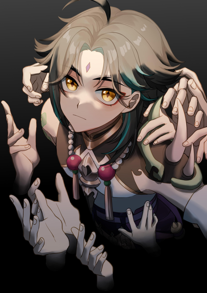 1boy, absurdres, ahoge, baihua_er, bead_necklace, beads, black_hair, closed_mouth