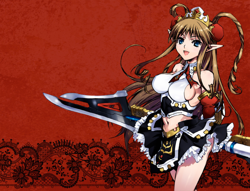 arms_behind_back, blue_eyes, breasts, brown_hair, detached_sleeves, drill_hair, elf, huge_weapon