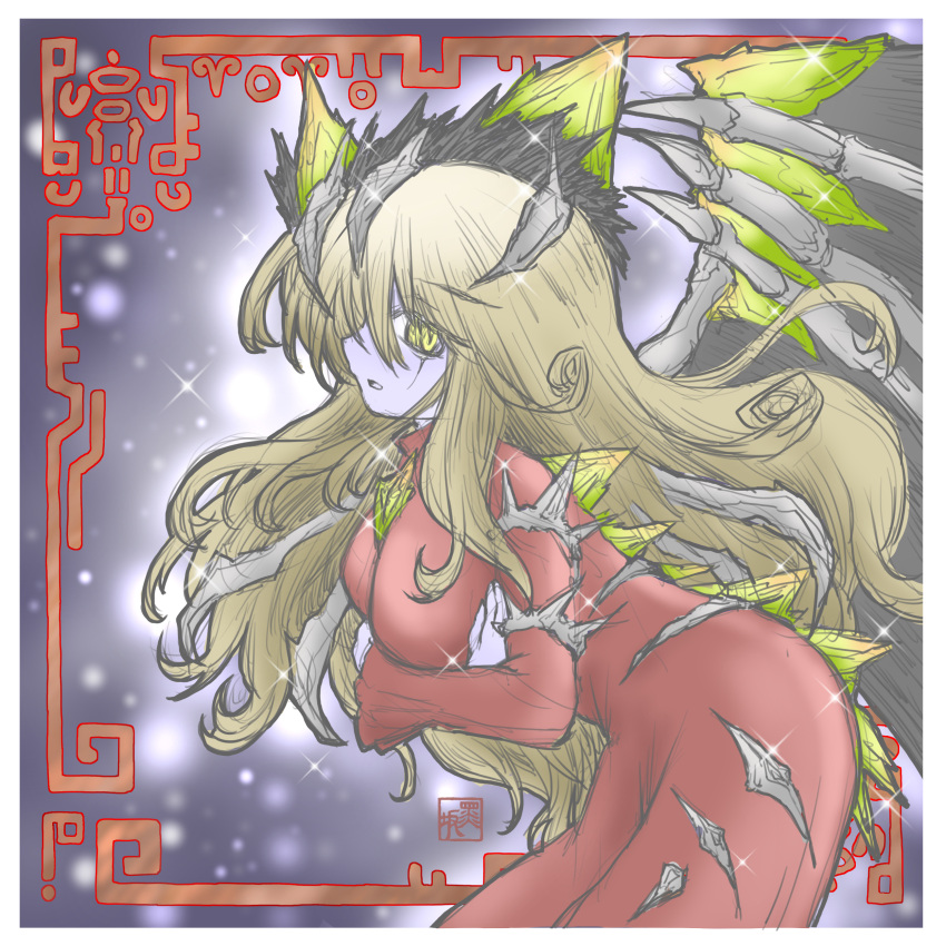 96bmg, absurdres, albino, blonde_hair, breasts, crossed_arms, dress, duel_monster, highres, long_hair, medium_breasts, memento_fairywitch, open_mouth, red_dress, undead, wavy_hair, wings, yellow_eyes, yu-gi-oh!