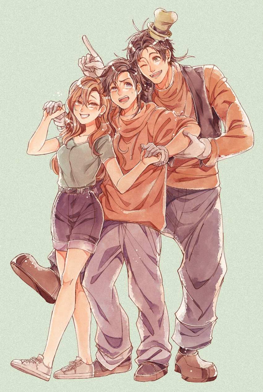 1girl, 2boys, a_goofy_movie, absurdres, animification, black_hair, blue_pants, breasts, commentary_request, denim, denim_shorts, disney, earrings, father_and_son, full_body, gloves, goof_troop, goofy, green_shirt, grin, hat, hetero, highres, holding_hands, hood, hoodie, humanization, jewelry, long_hair, looking_at_another, max_goof, mixed-language_commentary, mizala, mole, mole_under_eye, multiple_boys, one_eye_closed, open_mouth, pants, pointing, redhead, roxanne_(a_goofy_movie), shirt, shoes, short_sleeves, shorts, smile, sneakers, sweatdrop, teeth, white_gloves
