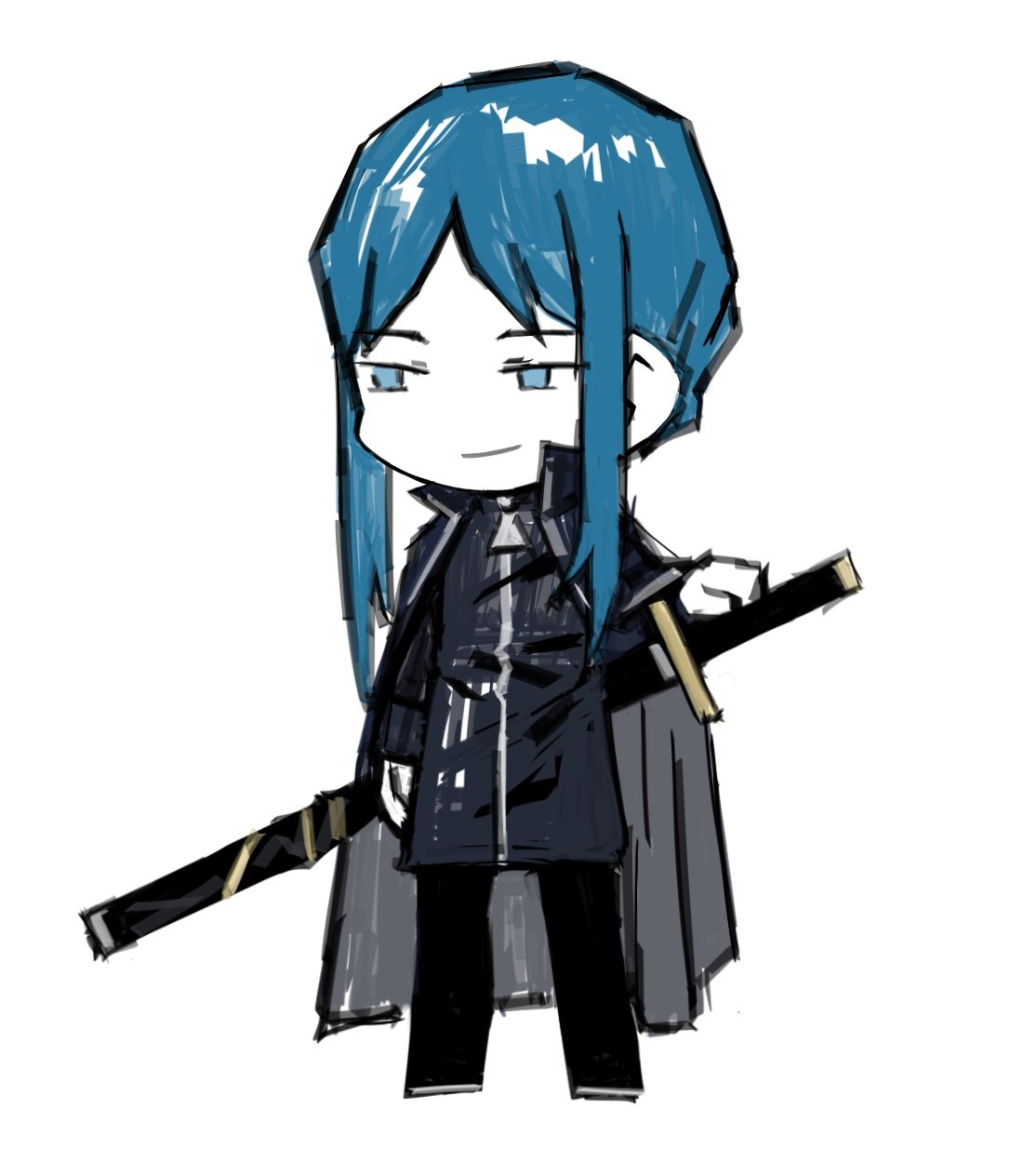 1other, black_coat, black_pants, black_shirt, blue_eyes, blue_hair, chibi, coat