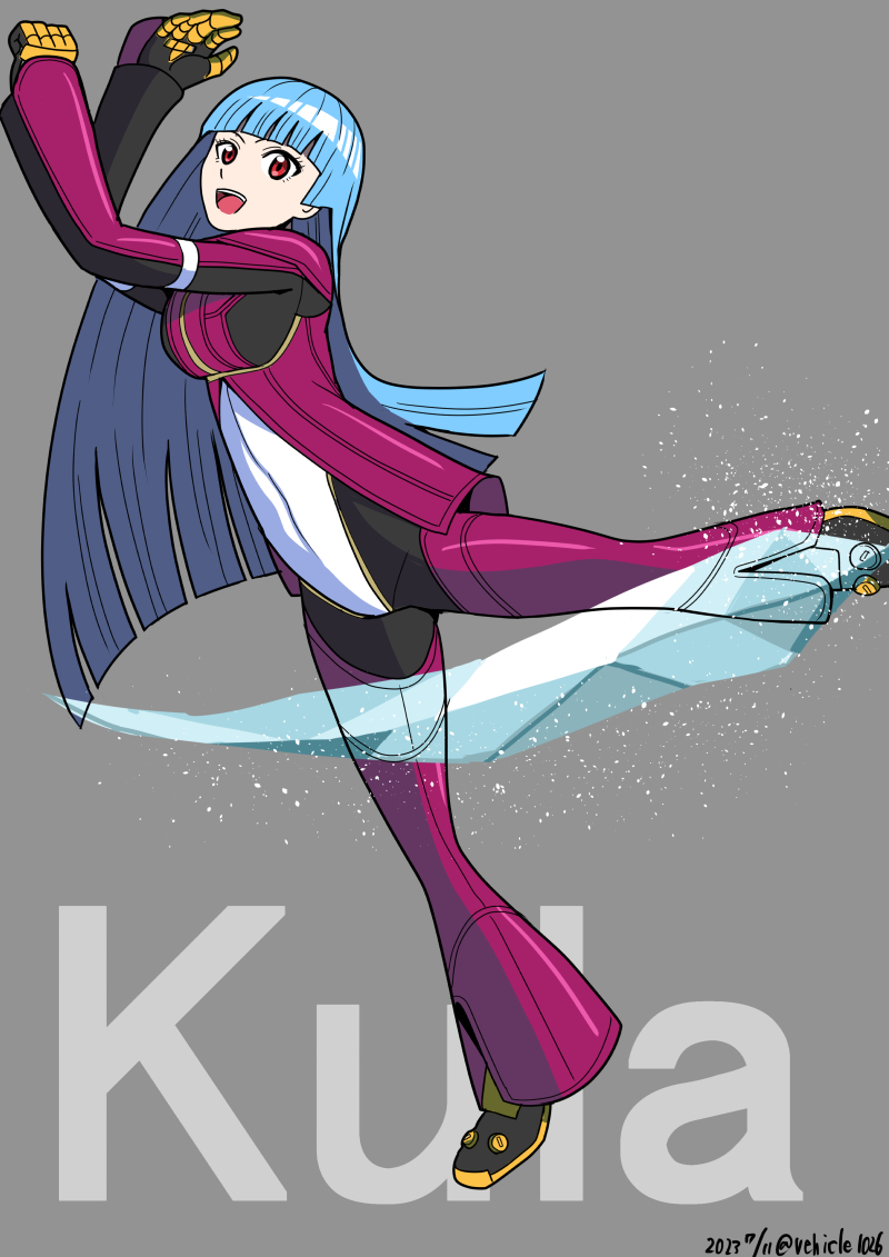 1girl, blue_hair, blunt_bangs, bodysuit, breasts, ice, kula_diamond, long_hair, medium_breasts, open_mouth, red_eyes, solo, the_king_of_fighters, upper_body, vehicle1026