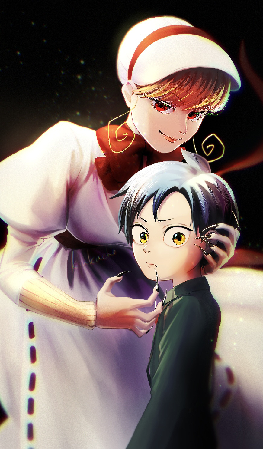 1boy, 1girl, artist_name, black_background, black_hair, black_nails, bonnet, bow