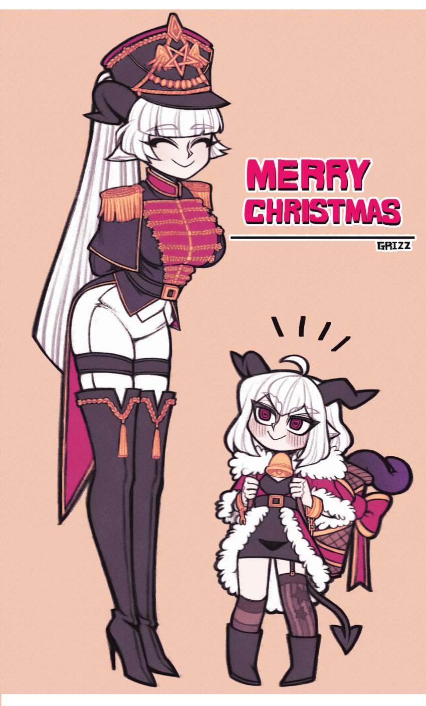 >:), 2girls, ahoge, animal_ears, artist_name, asymmetrical_legwear, baphomet_(grizz), basket