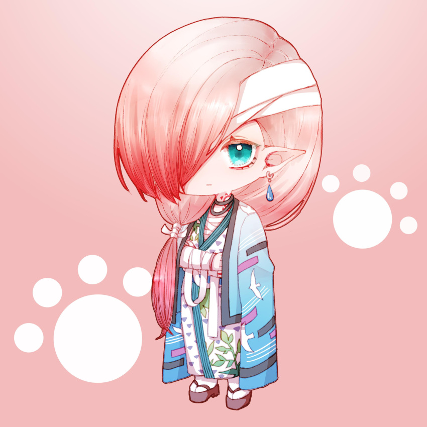 1boy, absurdres, baihua_er, bandaged_arm, bandaged_head, bandages, blue_kimono, chibi