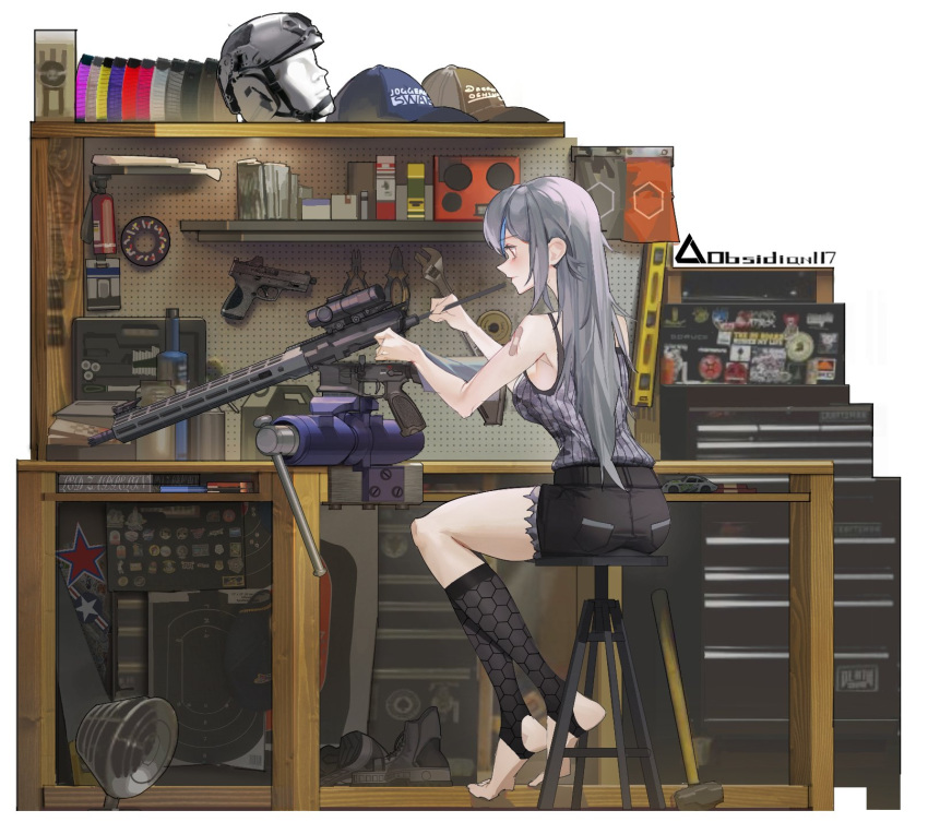1girl, artist_name, bandaid, bandaid_on_arm, black_shorts, clamps, cutoffs, grey_hair